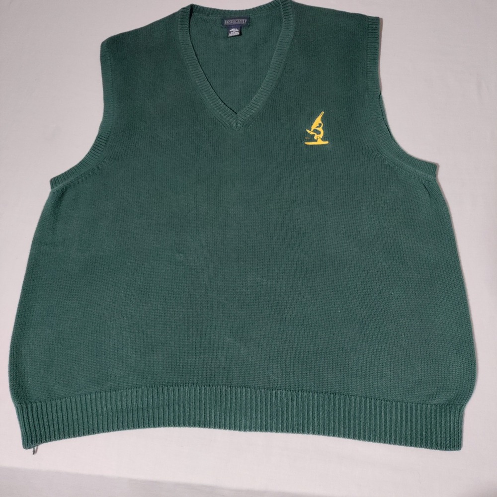 Lands End Mens XL V Neck Sweater Vest Green Microscope Embroidery Cotton